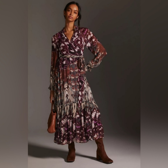 Anthropologie Long-Sleeve Wrap Midi Dress - Picture 1 of 13